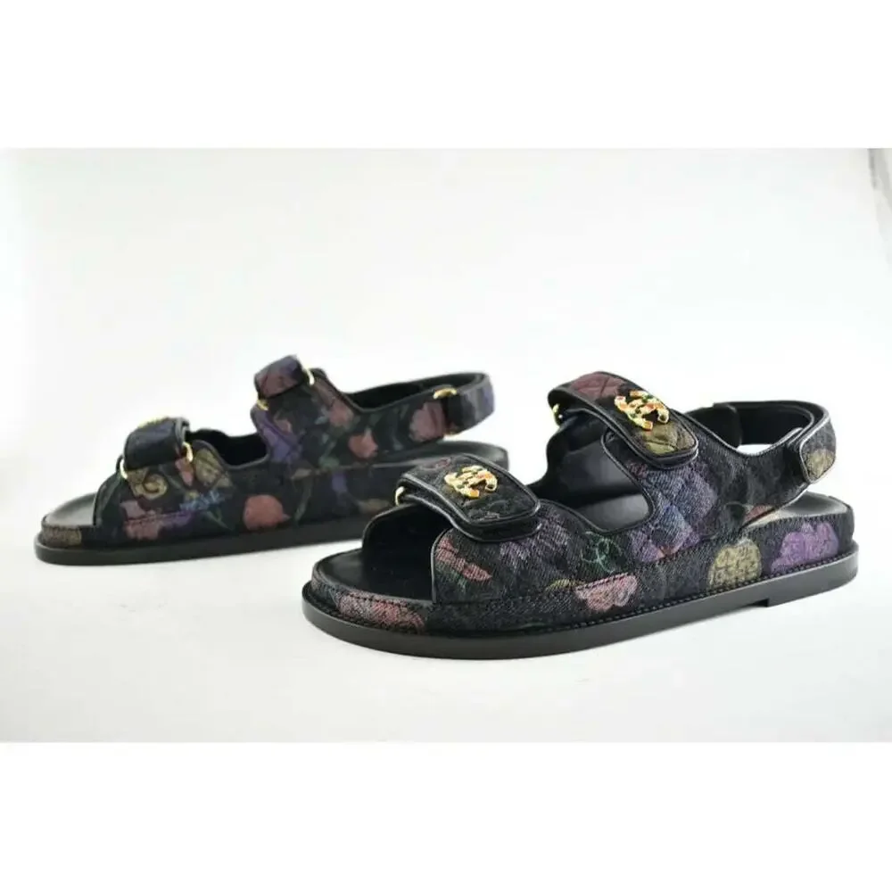 Chanel 21A Black Denim Graffiti CC Logo Mule Slide Strap Flat Teva Dad Sandal 39 - Picture 10 of 11